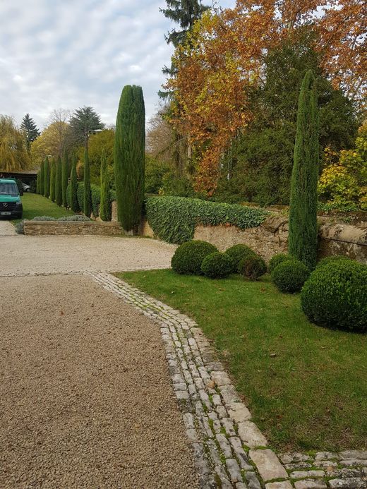 Allée de gravier bordée d'arbres taillés en topiaire et de haies d'automne sous un ciel nuageux