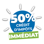 50 % crédit d’impôt immédiat en blanc sur cercle bleu, bande verte en bas