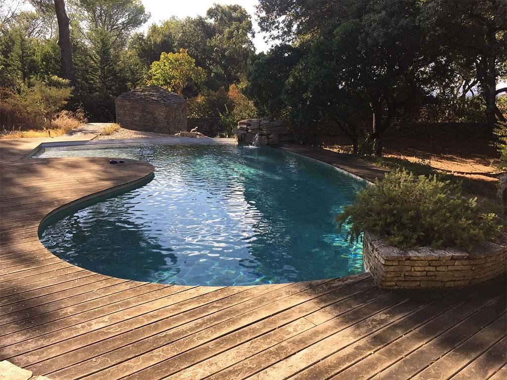 Piscine haricot avec une terrasse en bois autour