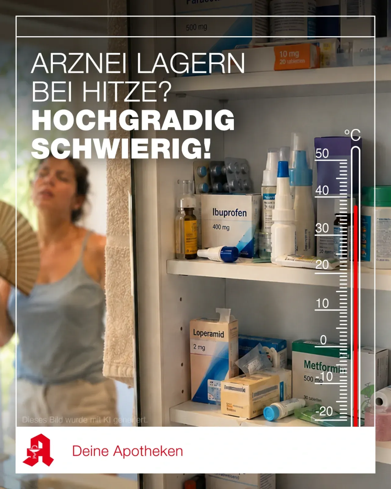 Apotheken-Werbeplakat: Medikamente im Regal, Thermometer, Text „Arznei lagern bei Hitze? Hochgradig schwierig!“