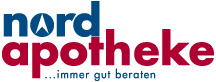 Logo of nord apotheke in blue and red with the tagline “...immer gut beraten”