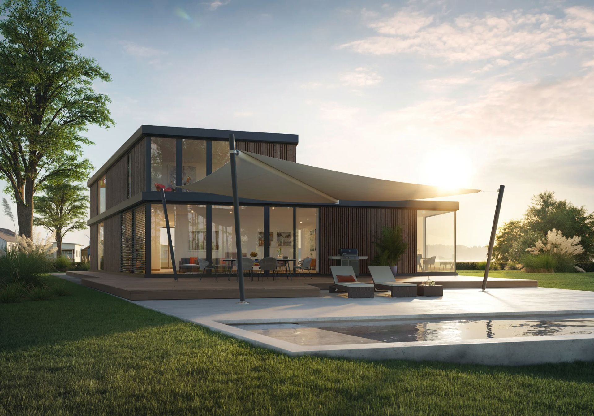 Modernes Sonnensegel über Poolterrasse für großzügigen Schatten im Garten in Bogen
