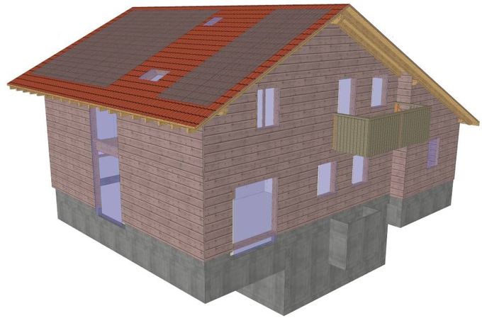 Modèle numérique 3D d'une maison en briques de deux étages avec un toit de tuiles rouges, des panneaux solaires et un petit balcon.