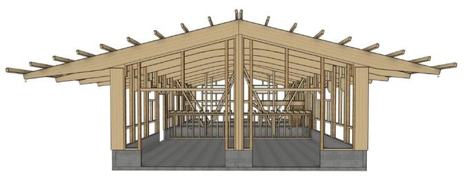 Rendu 3D montrant la structure à ossature bois d'un bâtiment en construction, avec ses poutres de toit et ses montants muraux.