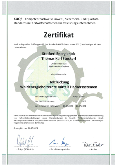 Zertifikat STOCKERL Energieholz