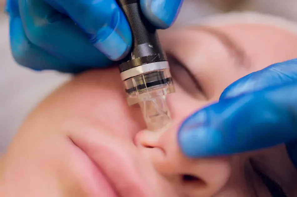 Unas manos enguantadas de azul utilizan un dispositivo de microagujas faciales en la nariz y la mejilla de una persona.