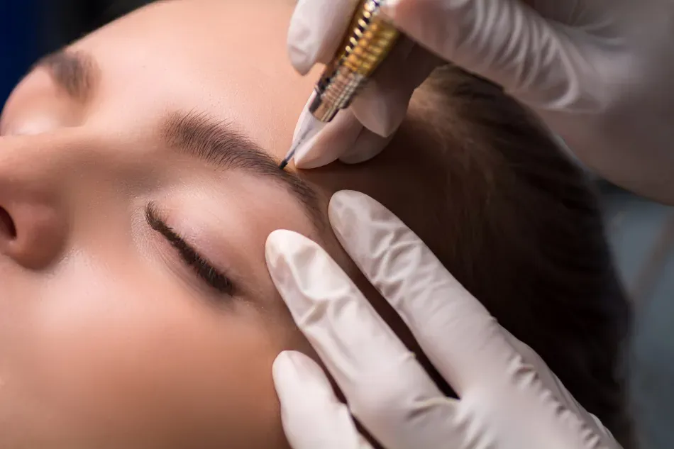 Manos enguantadas aplicando maquillaje cosmético en la ceja de una persona con una herramienta similar a un bolígrafo.