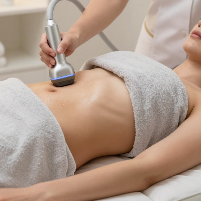 Mujer recibiendo un tratamiento de spa abdominal con un dispositivo portátil, tumbada en una camilla con una toalla.