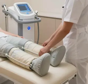Paciente recibiendo tratamiento en las piernas con botas de compresión en una clínica, mientras un profesional sanitario las ajusta.