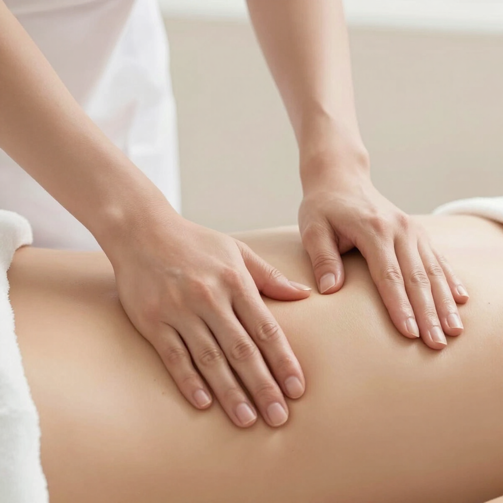 Manos dando un masaje de espalda sobre la espalda desnuda de una persona en un luminoso ambiente de spa.