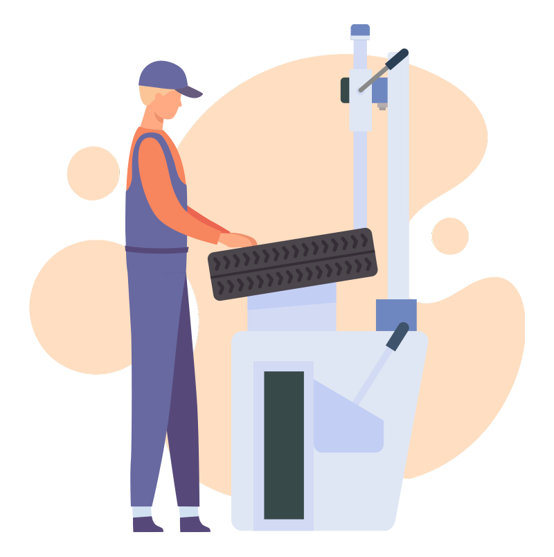 Illustration d'un mécanicien qui utilise une machine pour démonter un pneu