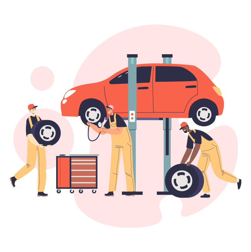 Illustration d'une équipe de mécaniciens qui monte des pneus sur une voiture