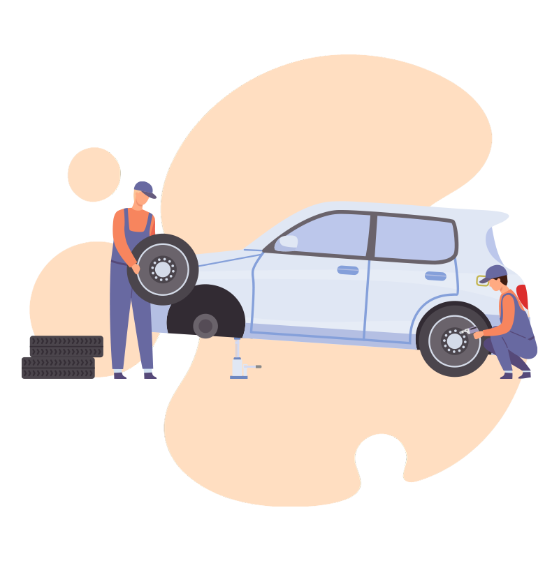 Illustration d'une équipe de mécaniciens qui monte des pneus sur une voiture bleue