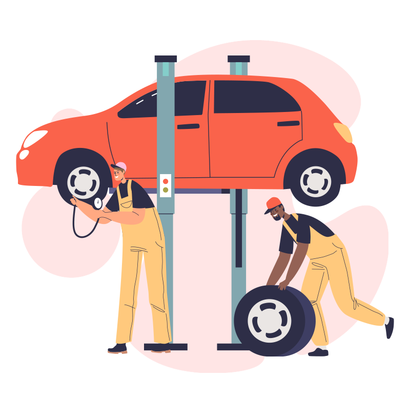 Illustration de deux mécanciens qui réparent des roues de voiture