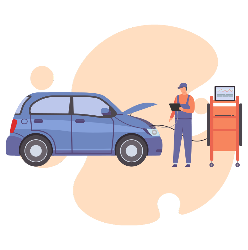 Illustration d'un mécanicien faisant un diagnostic de voiture avec une valise