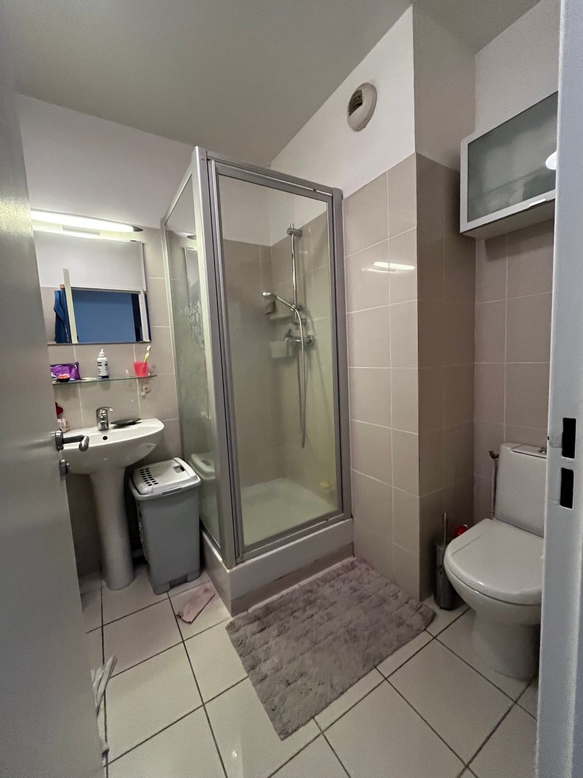 Petite salle de bain carrelée avec cabine de douche, lavabo, toilettes et tapis gris.