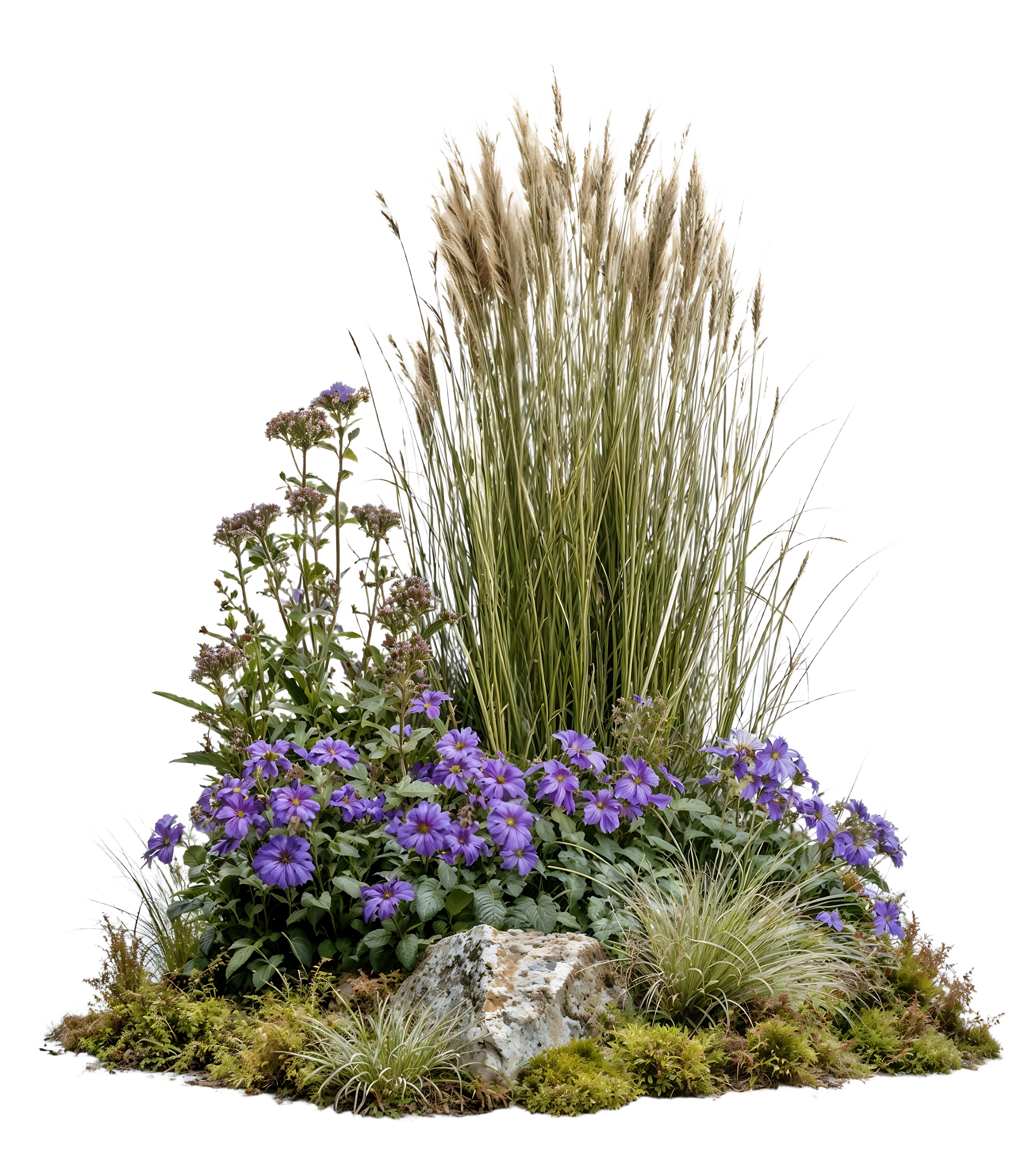 Butte de jardin composée de fleurs sauvages et de graminées ornementales, avec des fleurs et des rochers.