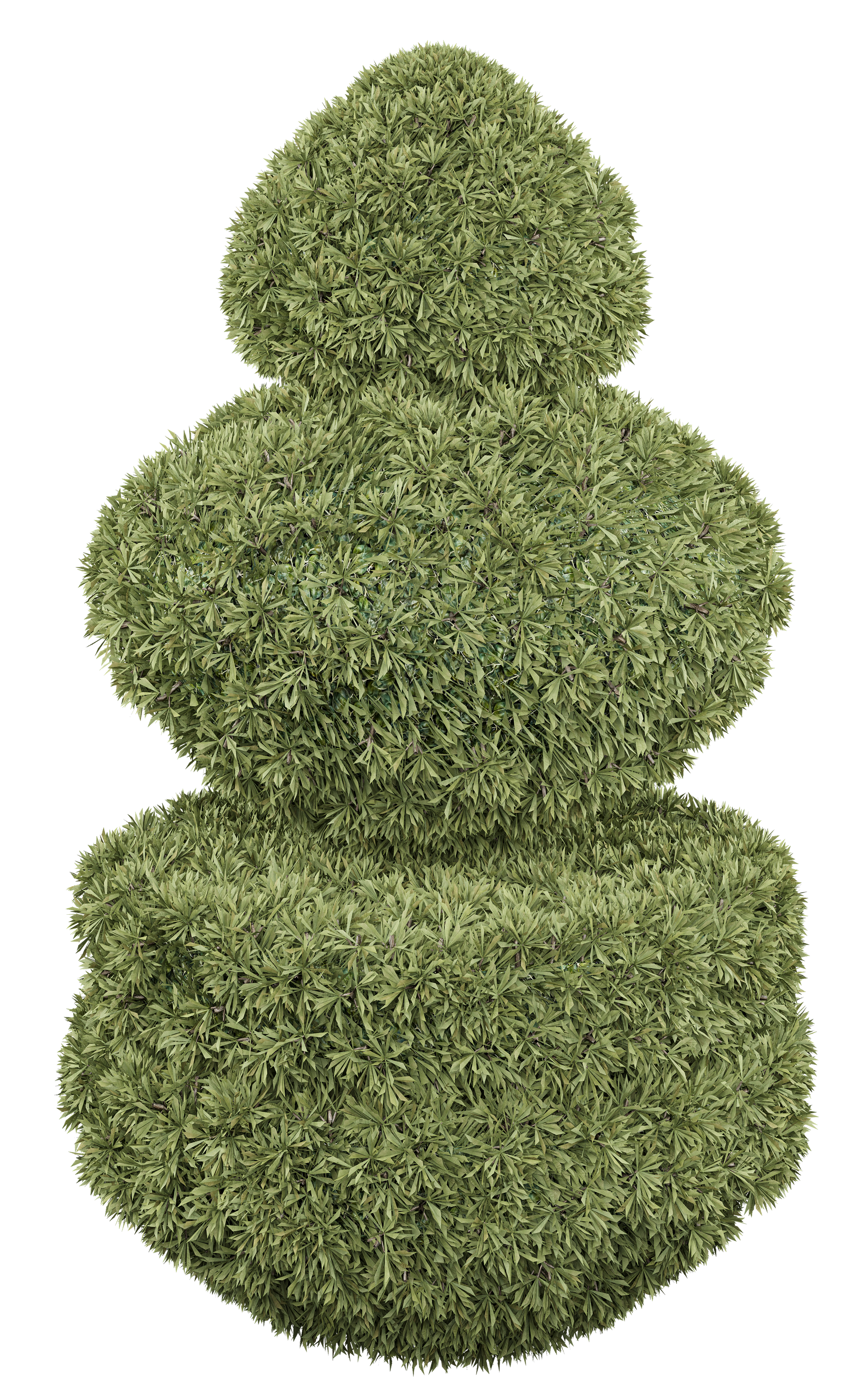 Trois sphères de topiaires empilées dans une jolie composition de jardin.