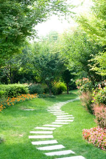 Un chemin de pierre sinueux traverse un jardin verdoyant luxuriant, parsemé de fleurs et d'arbres.