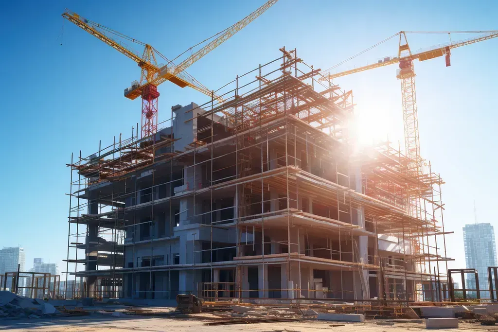 Se está construyendo un gran edificio con grúas al fondo.