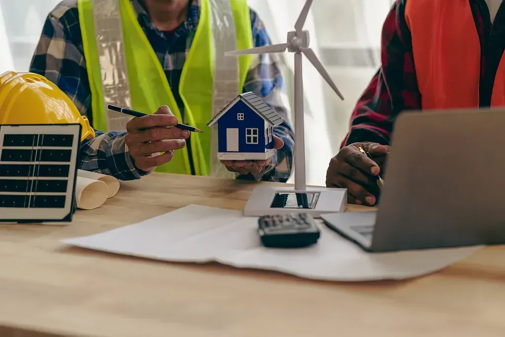 Dos trabajadores de la construcción están sentados en una mesa con una computadora portátil y una casa modelo.