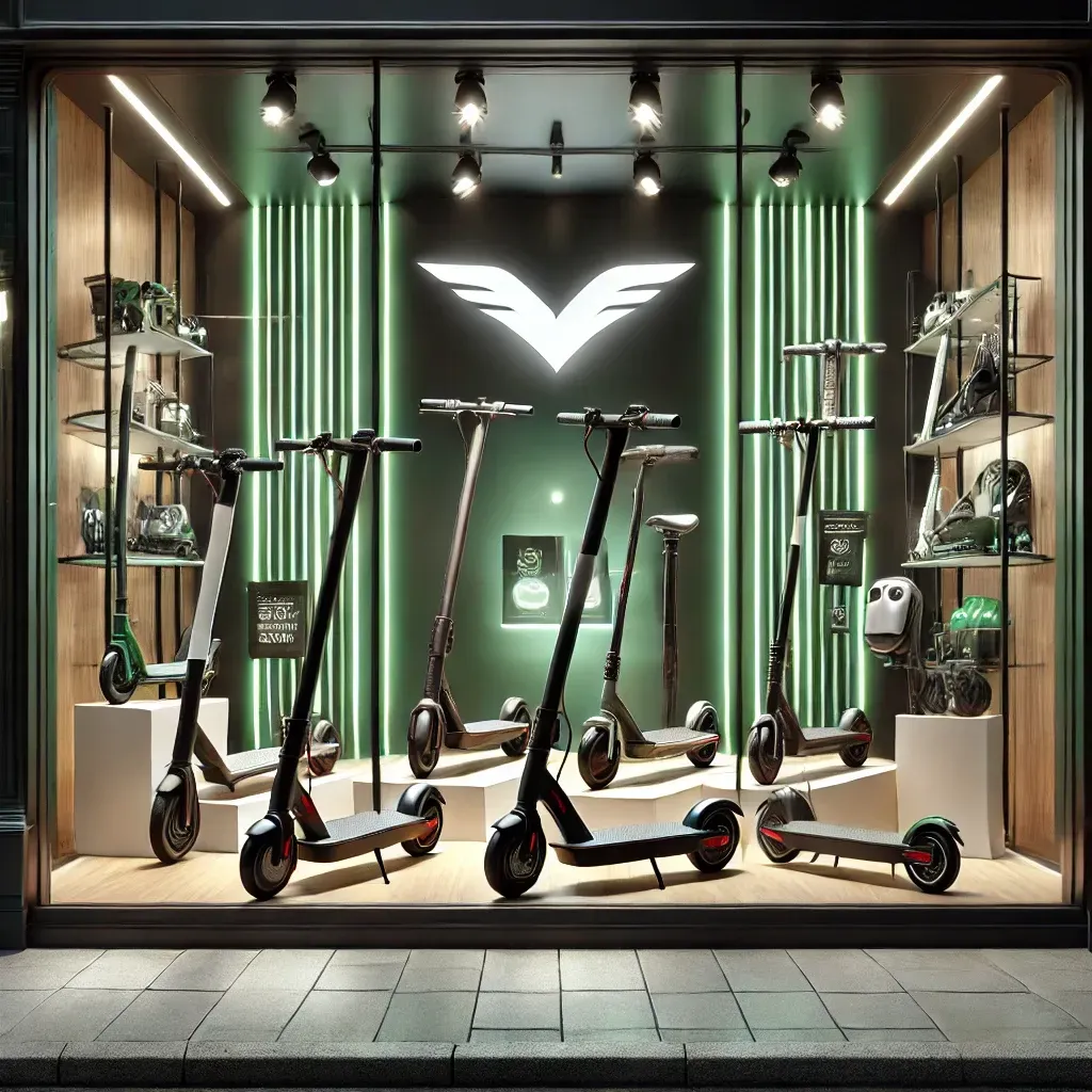 Una exhibición de patinetes eléctricos en el escaparate de una tienda.