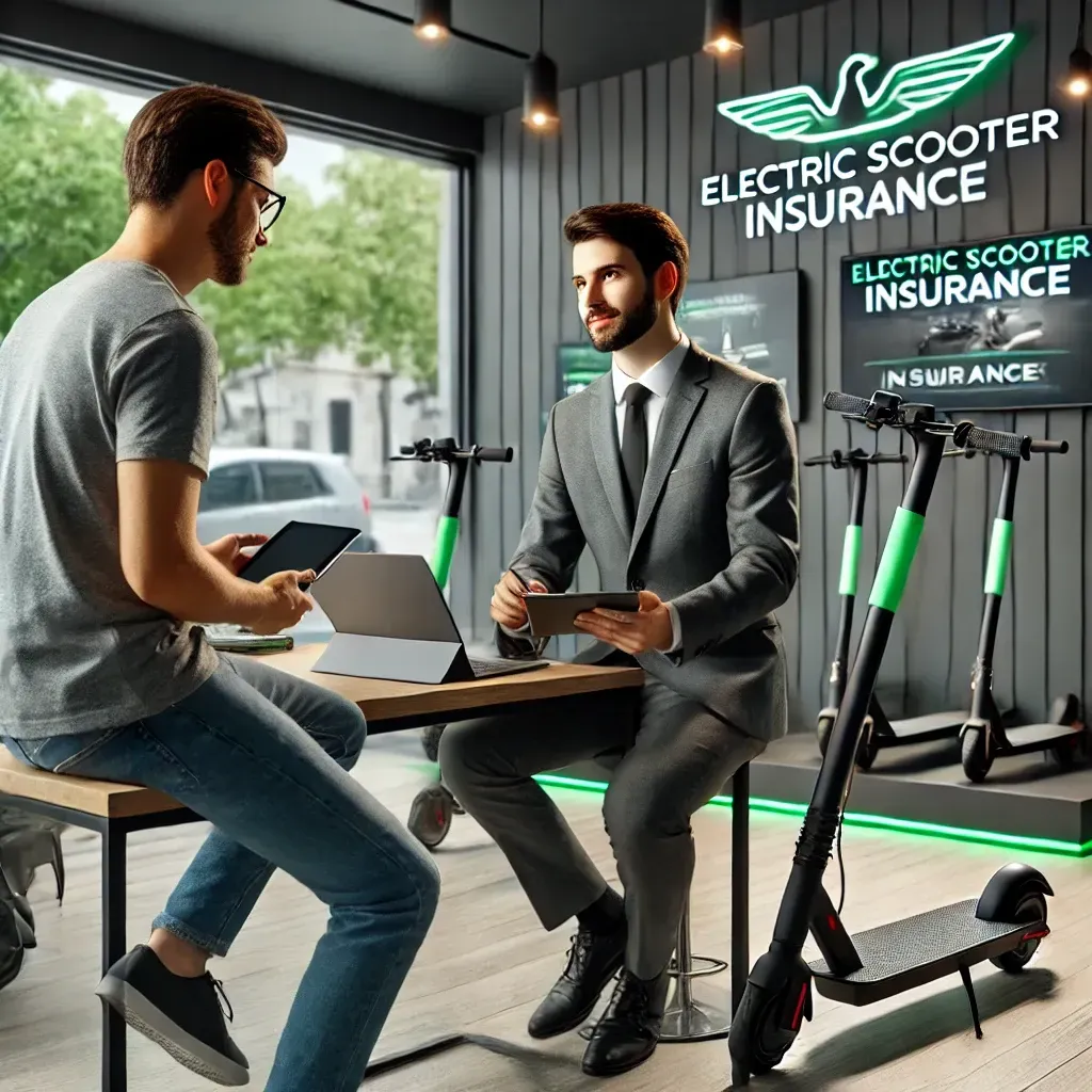 Dos hombres están sentados en una mesa hablando sobre el seguro de scooter eléctrico.