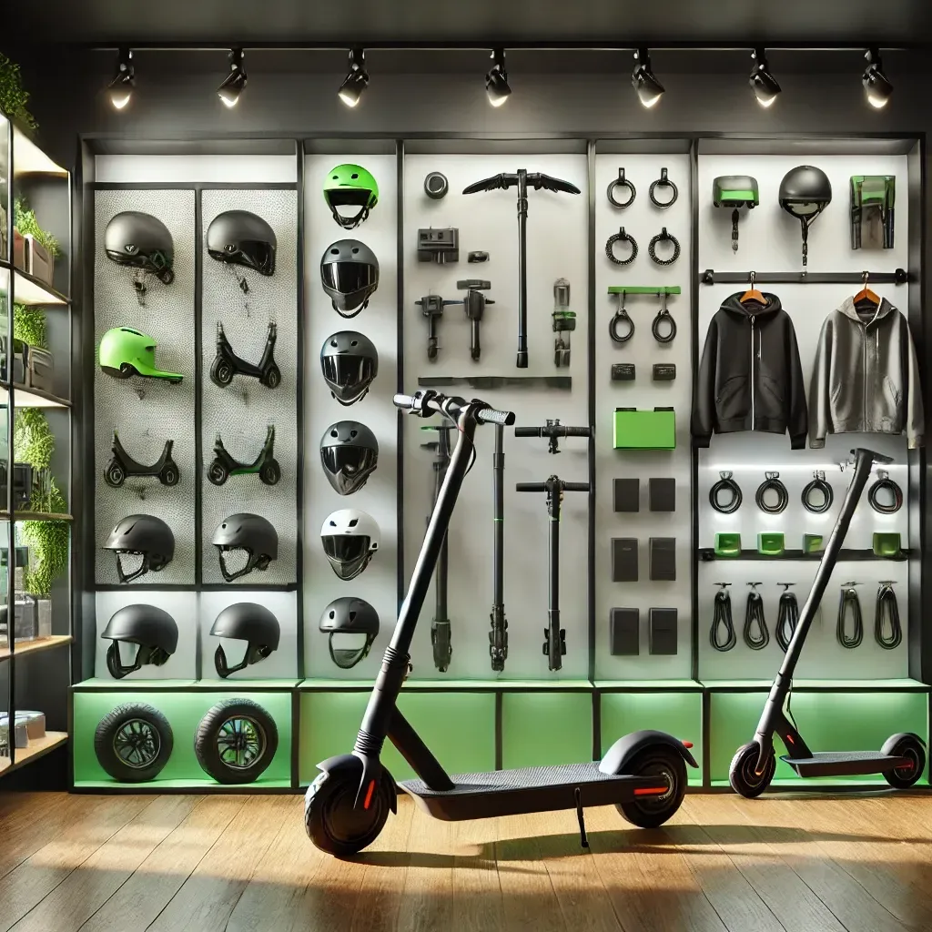 Dos patinetes eléctricos están aparcados delante de un muro lleno de cascos y otros accesorios.