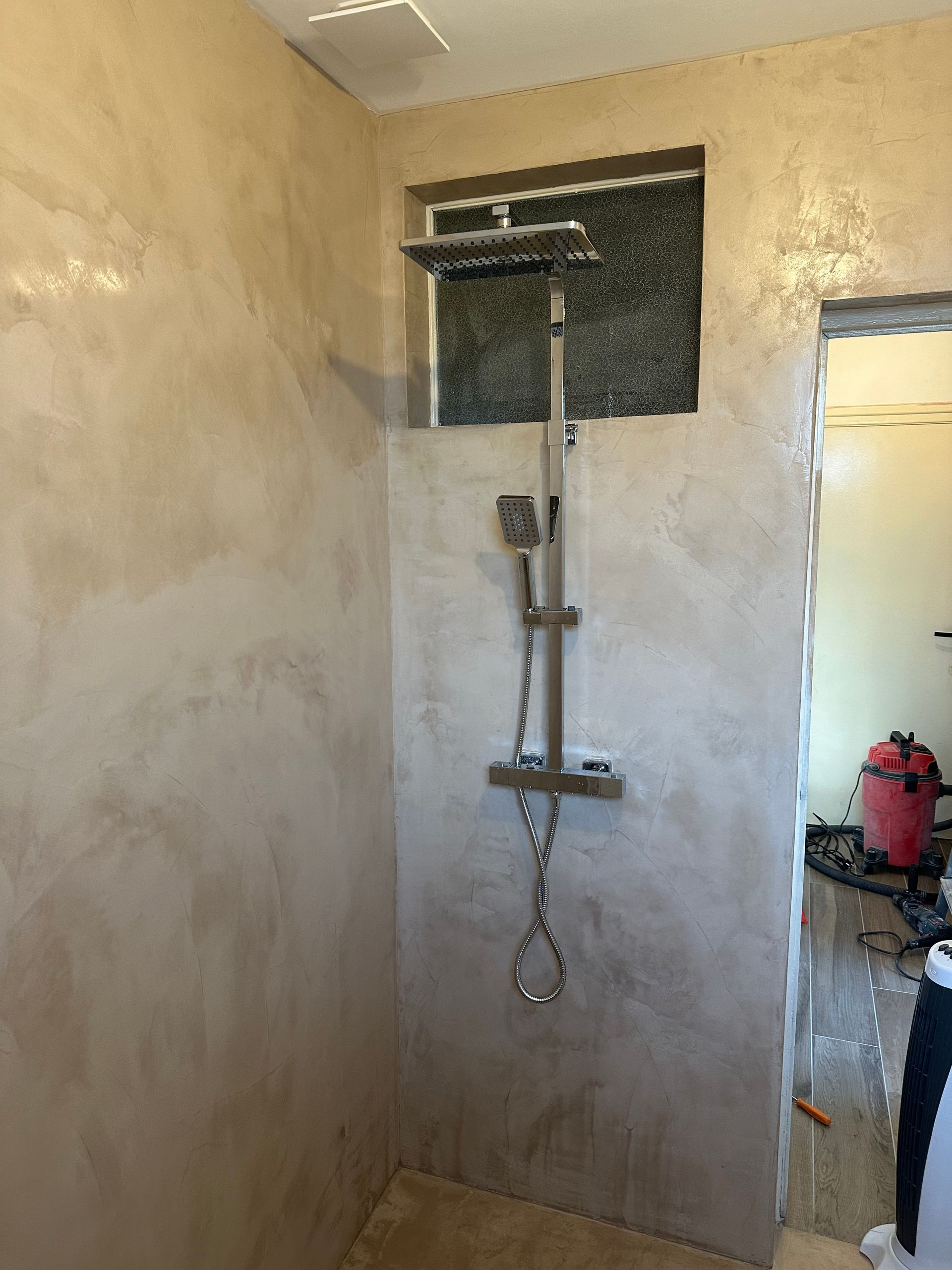 Petite salle de bains aux murs beiges, fenêtre dépolie, pommeau de douche et plante en pot posée au sol.