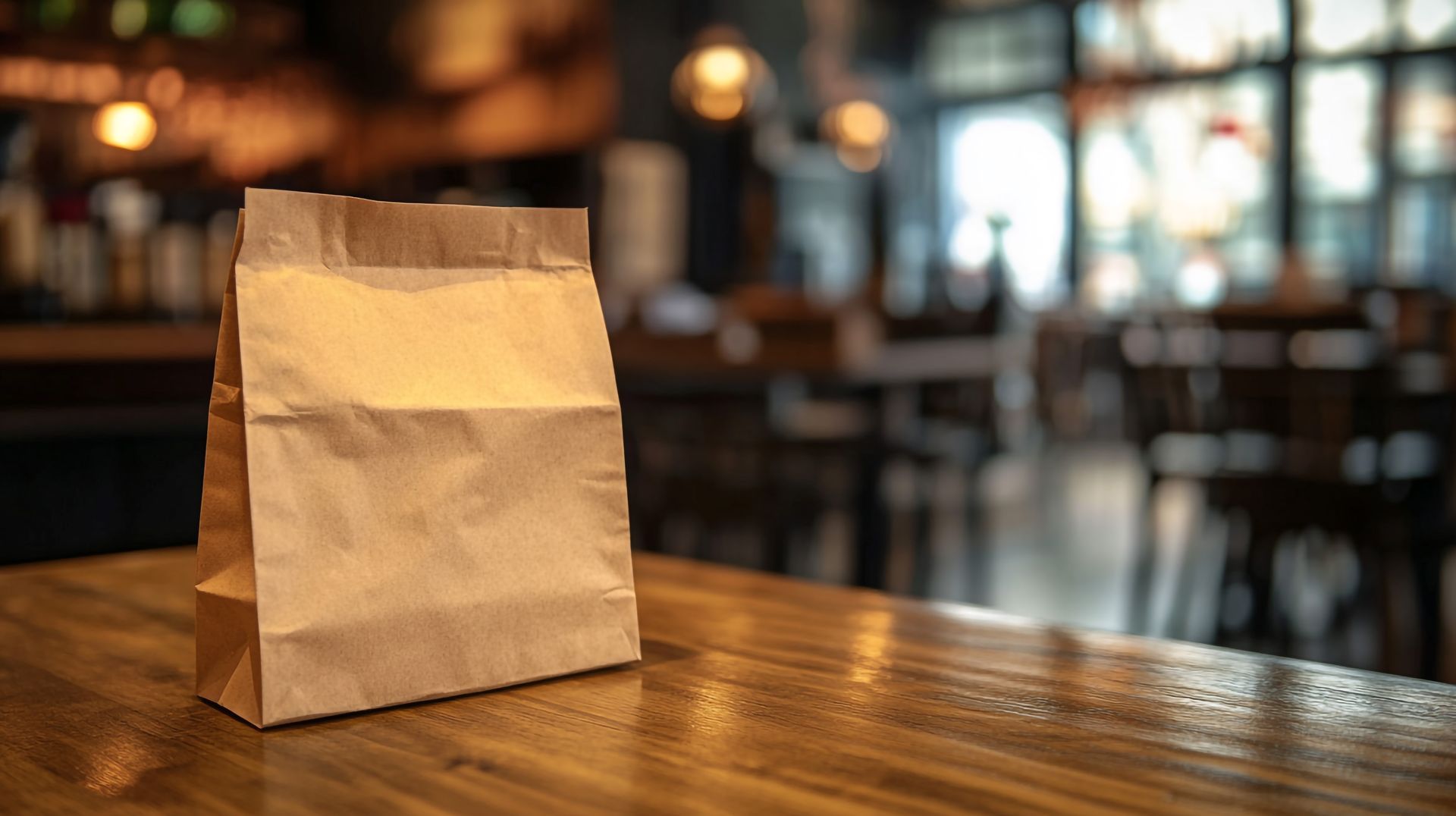 Un sac en papier brun à emporter, posé sur une table en bois à l'intérieur d'un restaurant.