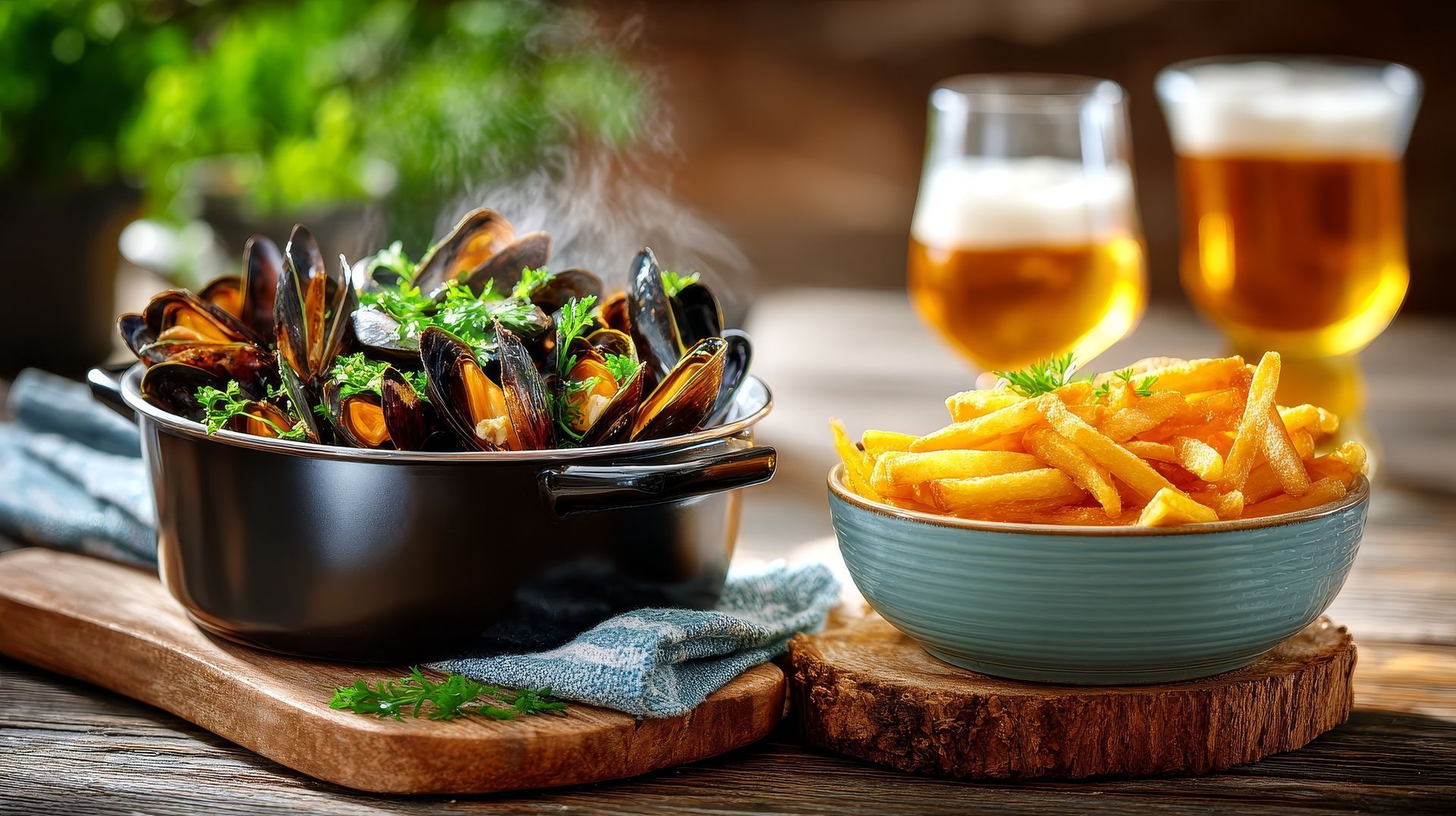Moules en cocotte avec des frites et de la bière sur une table en bois.