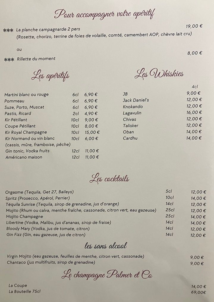 Carte des apéritifs