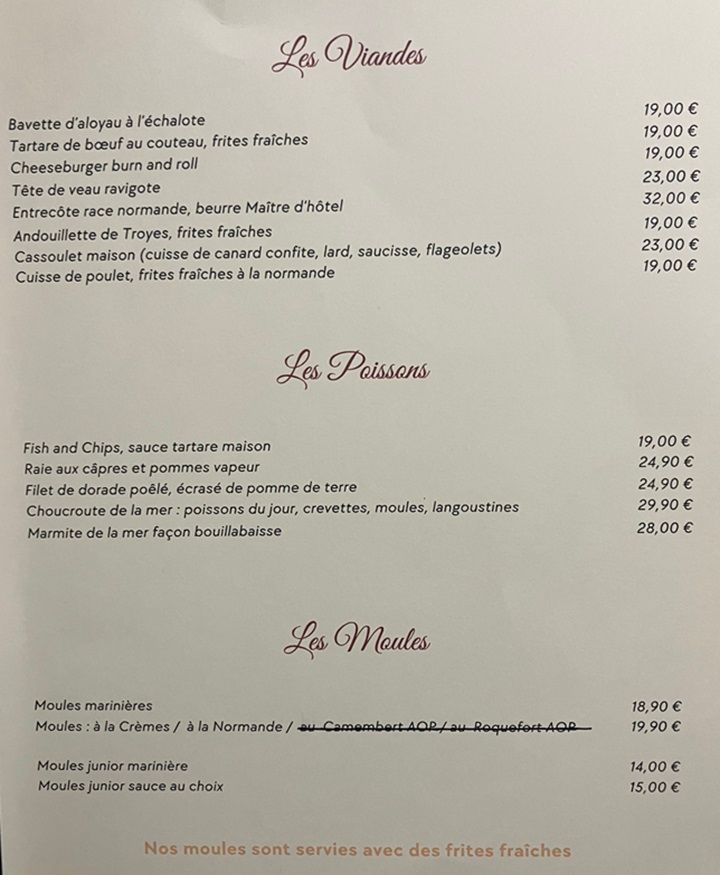 Carte des viandes et poissons