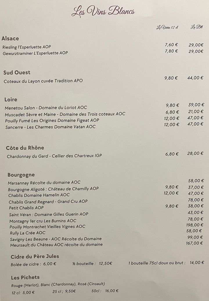Carte des vins blancs