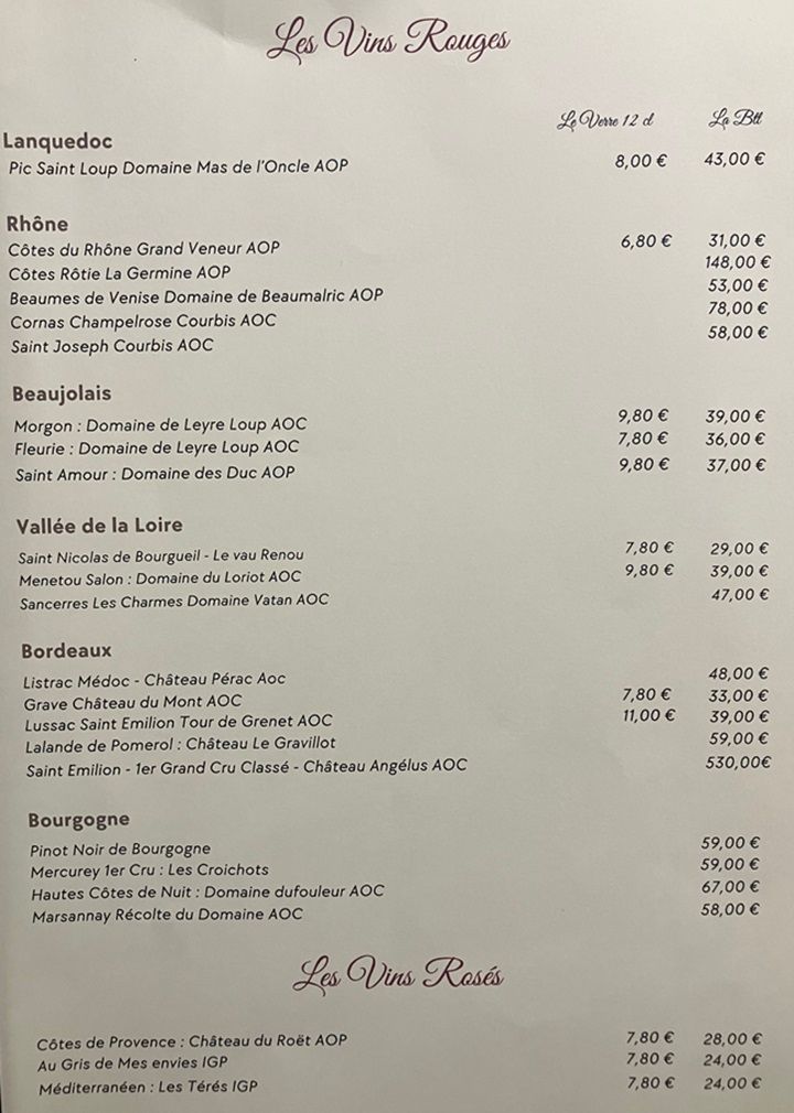 Carte des vins rouges
