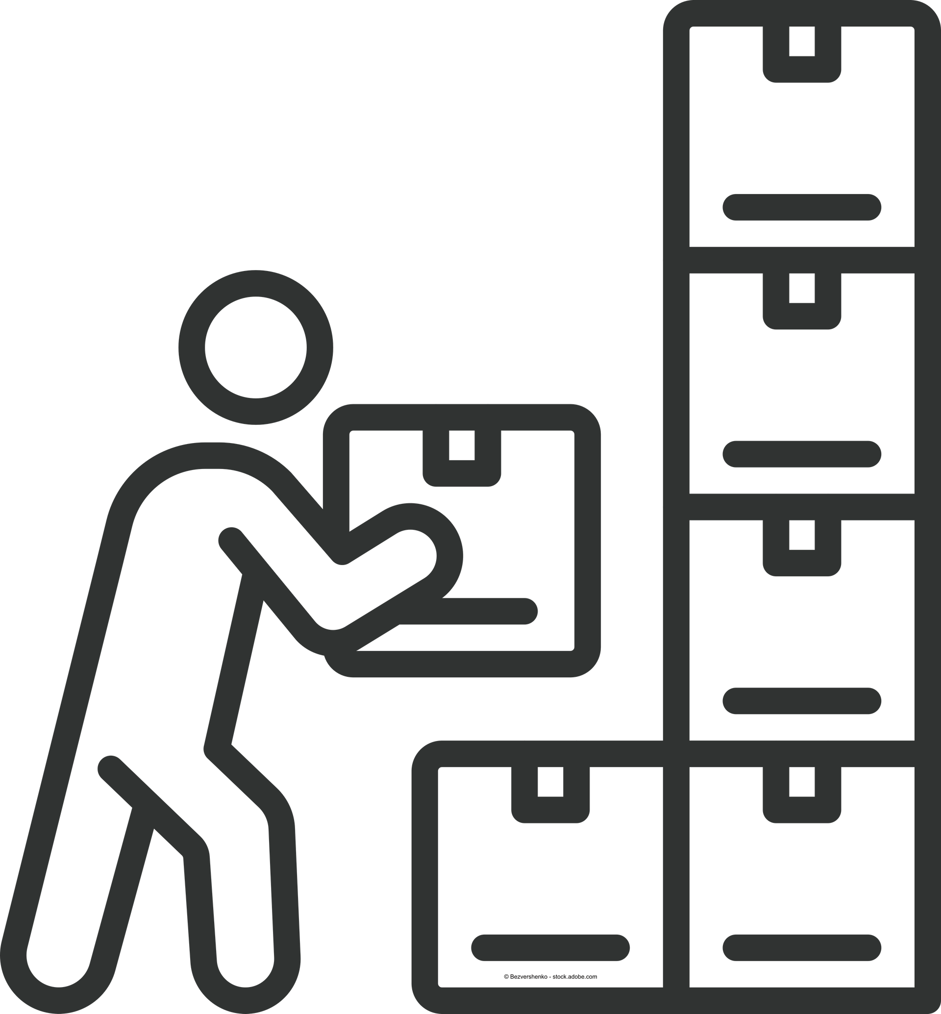 Ein Mann hält eine Schachtel neben einem Stapel Kisten icon