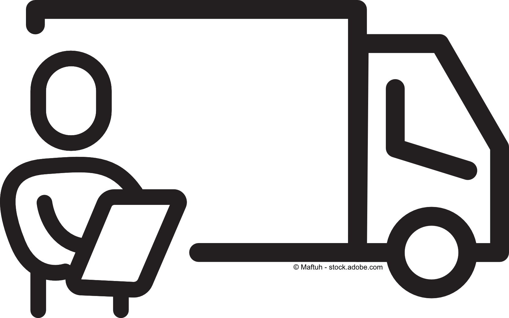 Ein Mann sitzt vor einem Lieferwagen und hält ein Tablet icon