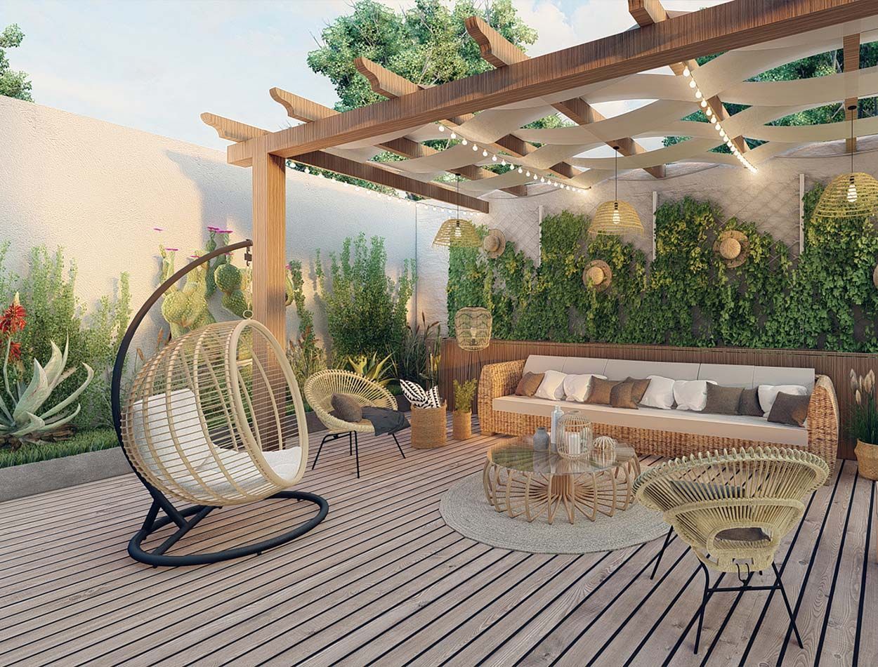 Salon de jardin sur une terrasse en bois 