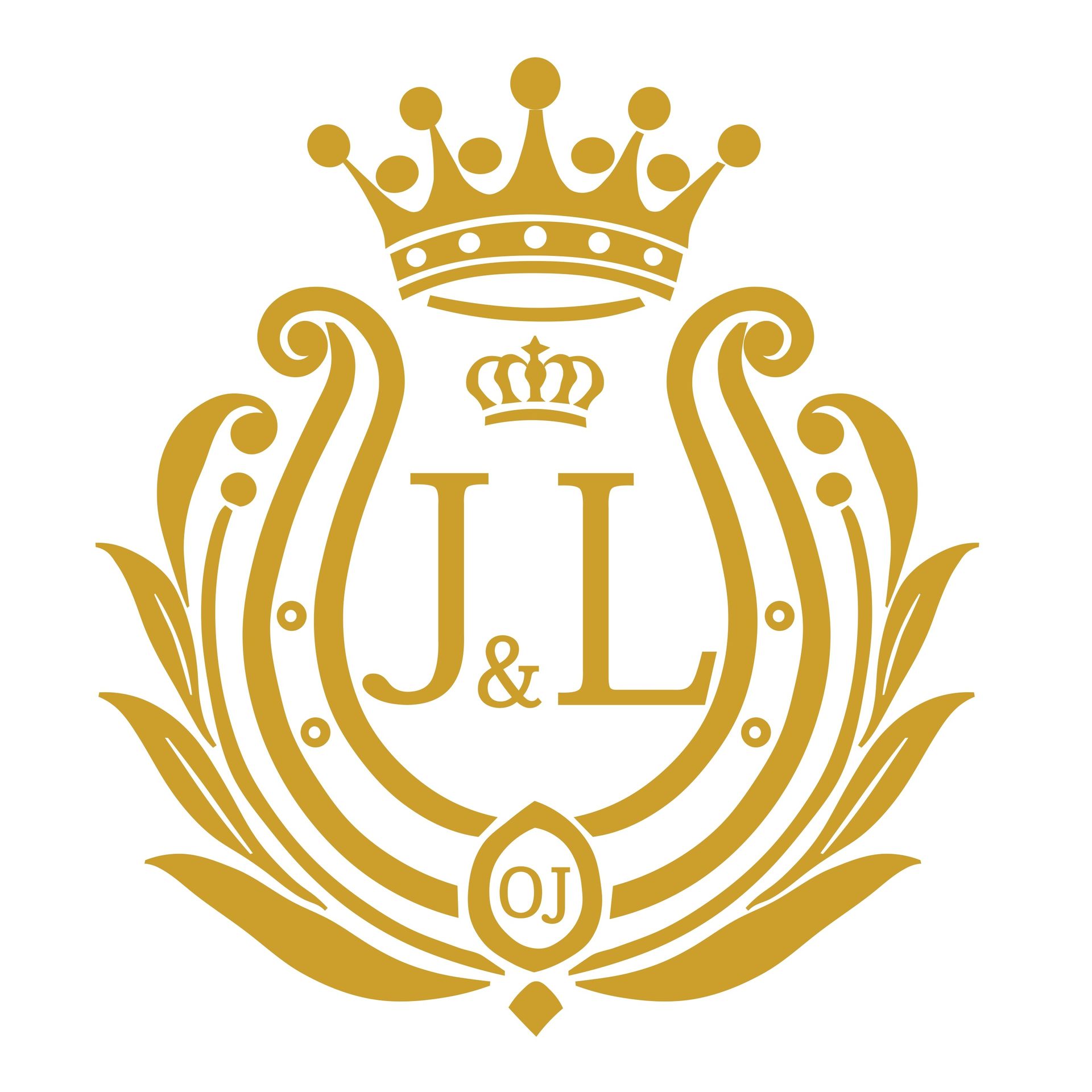 Emblema dorado con corona, iniciales 