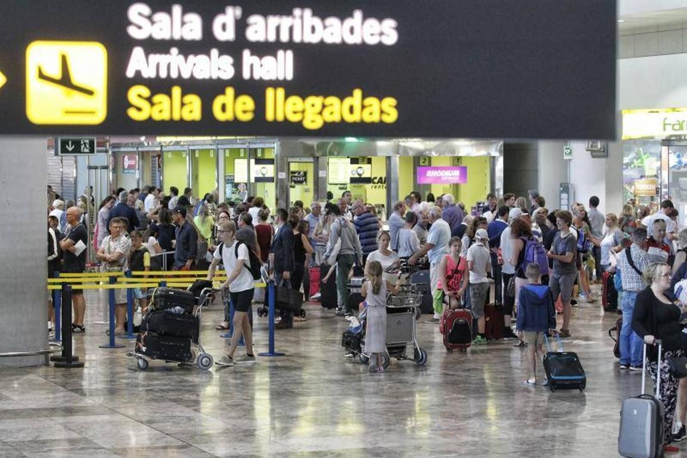 Una sala de llegadas del aeropuerto abarrotada de gente esperando, equipaje y carteles direccionales en español e inglés.