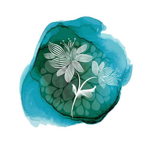 Una pintura de acuarela de una flor sobre un fondo azul.