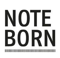 Ein schwarzweißes Logo mit der Aufschrift „Note Born“ auf weißem Hintergrund.