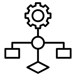 Diagrama de proceso: engranaje sobre un nodo central con dos cajas y un diamante debajo.
