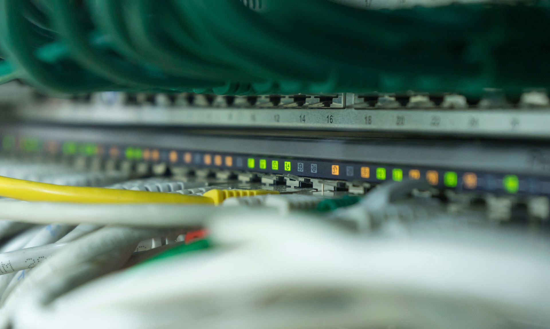 Eine Nahaufnahme eines Netzwerk-Switches mit einem Bündel daran angeschlossener Kabel.