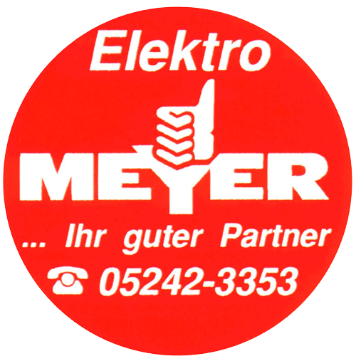 Ein roter Kreis mit dem Wort Elektro Meyer darauf