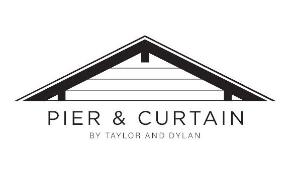 A black and white logo for pier & curtain by taylor and dylan