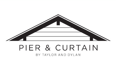 A black and white logo for pier & curtain by taylor and dylan