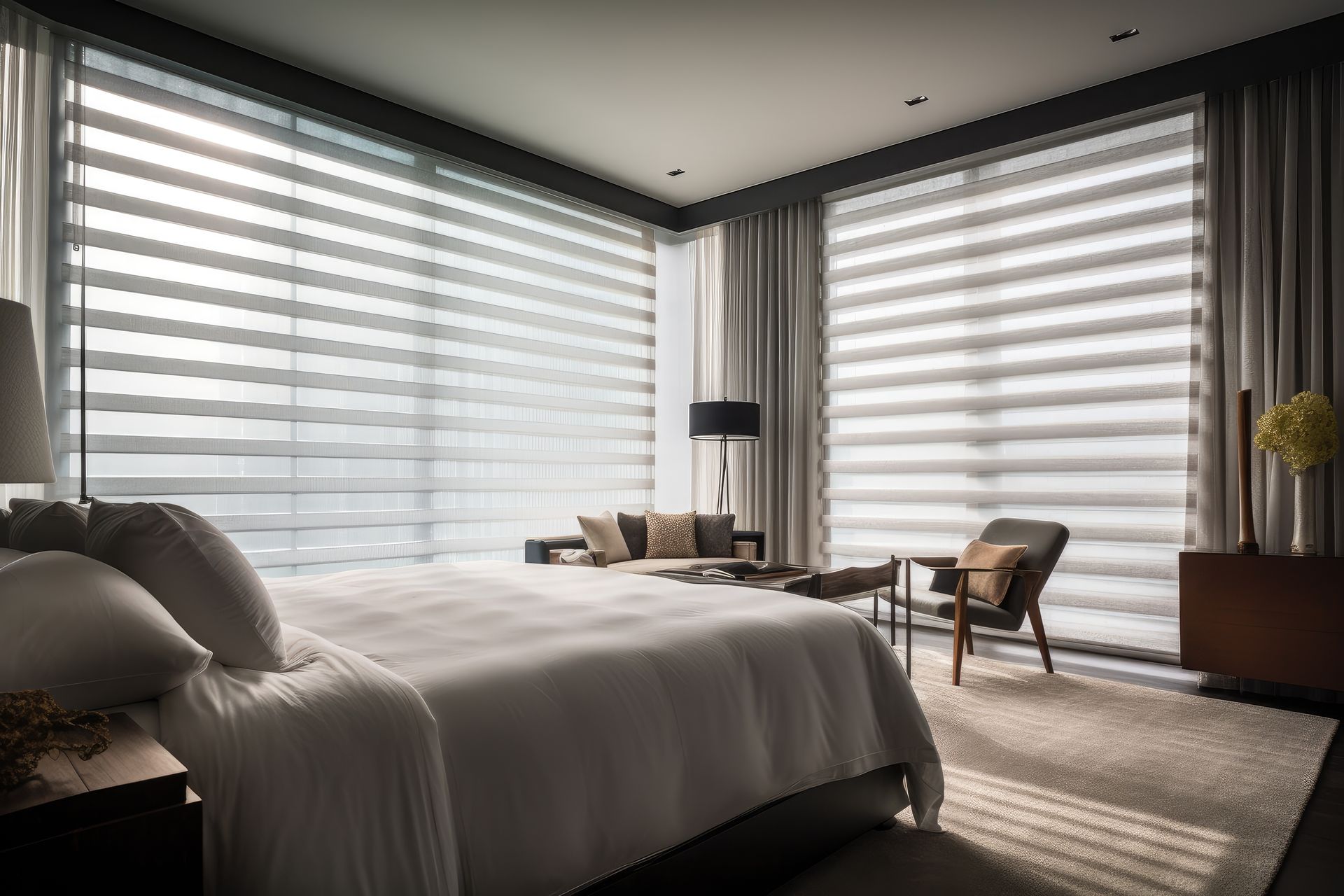 Une chambre avec deux stores vénitiens blancs