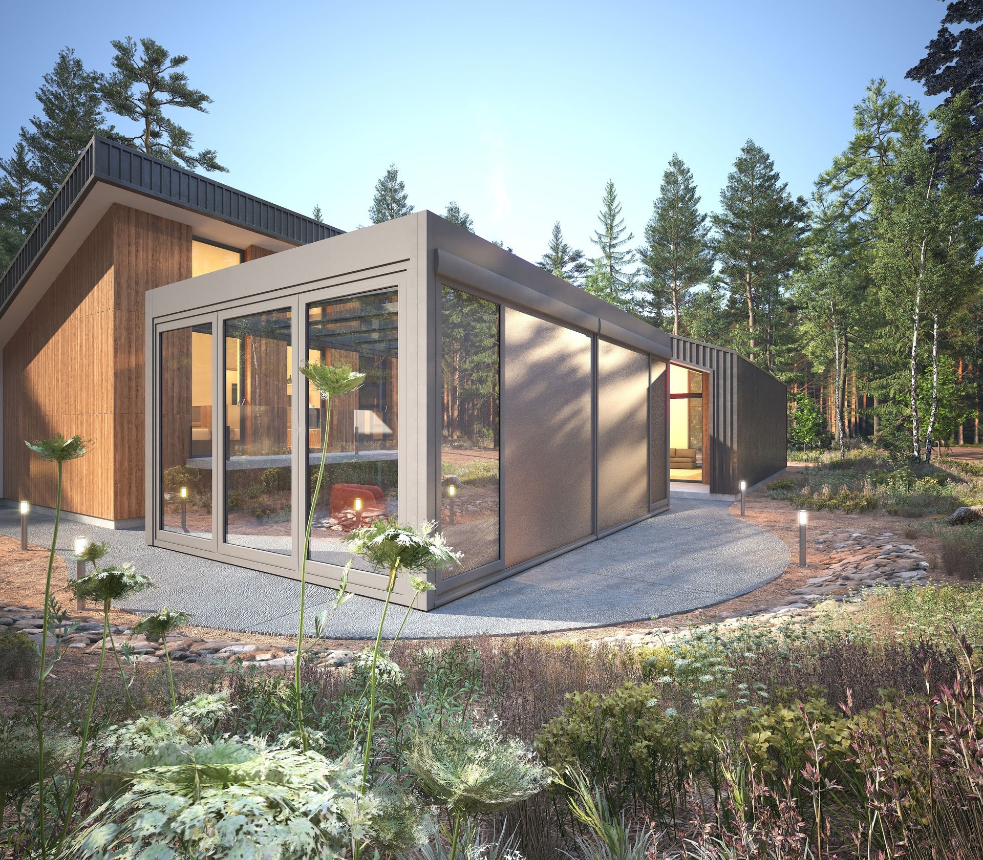 Une véranda avec des stores fermés