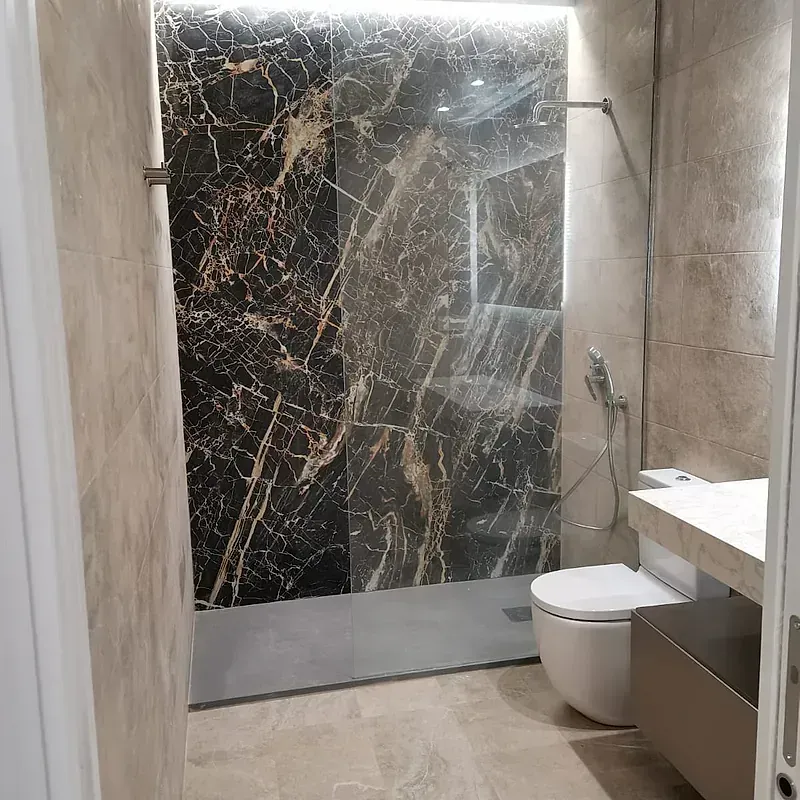 Un baño con inodoro, lavabo y ducha.